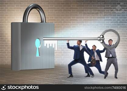 The businessmen unlocking new opportunity with key. Businessmen unlocking new opportunity with key