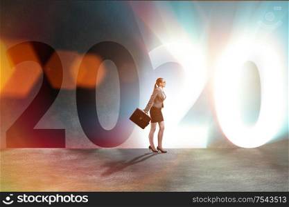 The businesswoman and concept of new year 2020. Businesswoman and concept of new year 2020