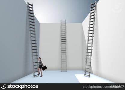 The businesswoman climbing a ladder to escape from problems. Businesswoman climbing a ladder to escape from problems. The businesswoman climbing a ladder to escape from problems