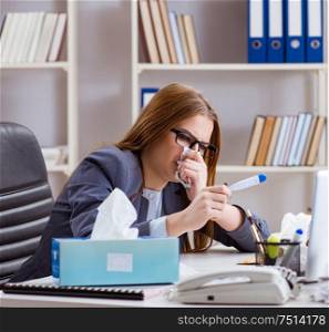 The businesswoman employee sick in the office. Businesswoman employee sick in the office