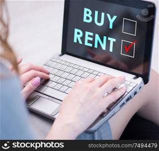 The businesswoman facing dilemma of buying versus renting. Businesswoman facing dilemma of buying versus renting