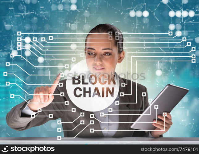 The businesswoman in blockchain cryptocurrency concept. Businesswoman in blockchain cryptocurrency concept