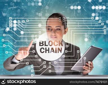 The businesswoman in blockchain cryptocurrency concept. Businesswoman in blockchain cryptocurrency concept