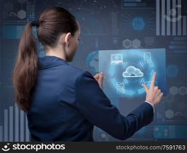 The businesswoman in cloud computing concept. Businesswoman in cloud computing concept
