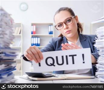 The businesswoman not coping with workload and resigning. Businesswoman not coping with workload and resigning