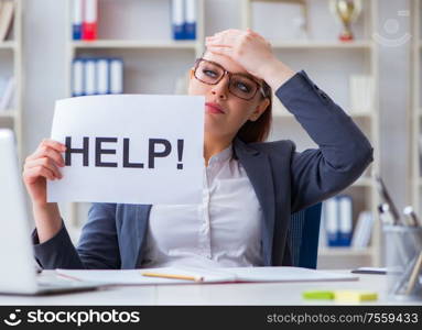 The businesswoman pleading for help in office. Businesswoman pleading for help in office