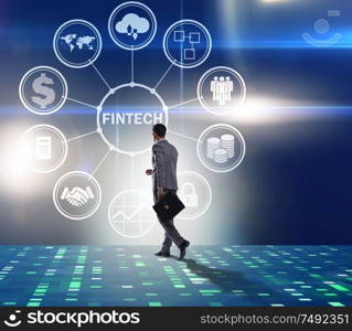 The businesswoman walking towards financial technology fintech. Businesswoman walking towards financial technology fintech