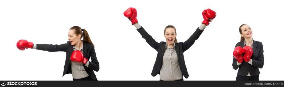 The businesswoman with boxing gloves isolated on white. Businesswoman with boxing gloves isolated on white