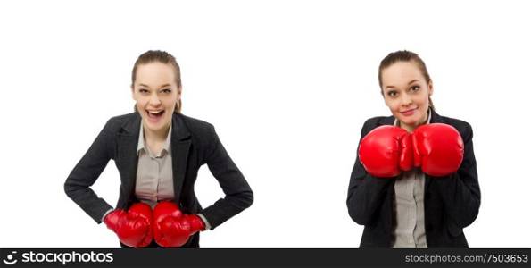 The businesswoman with boxing gloves isolated on white. Businesswoman with boxing gloves isolated on white