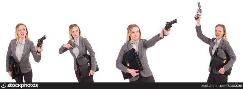 The businesswoman with gun isolated on white. Businesswoman with gun isolated on white