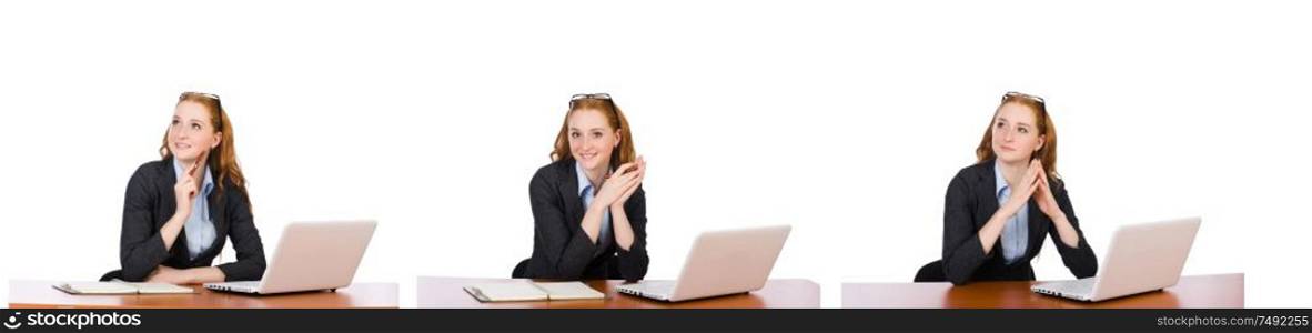 The businesswoman with laptop isolated on white. Businesswoman with laptop isolated on white