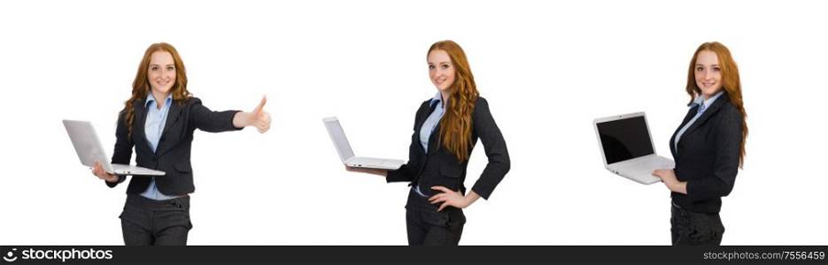 The businesswoman with laptop isolated on white. Businesswoman with laptop isolated on white