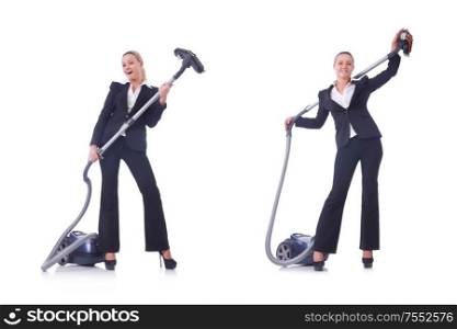 The businesswoman with vacuum cleaner on white. Businesswoman with vacuum cleaner on white