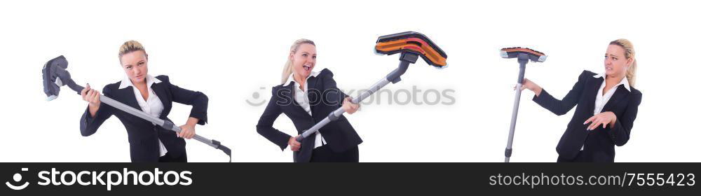 The businesswoman with vacuum cleaner on white. Businesswoman with vacuum cleaner on white