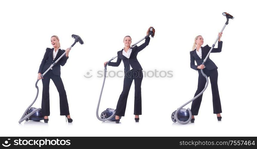 The businesswoman with vacuum cleaner on white. Businesswoman with vacuum cleaner on white