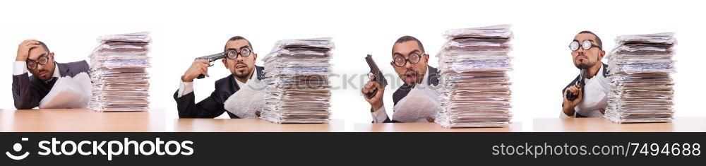 The busy businessman with lots of papers. Busy businessman with lots of papers