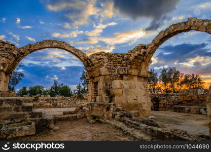 The Byzantine Saranta Kolones, Forty columns castle, ruined archs in a sunset time, Kato Paphos, Cyprus