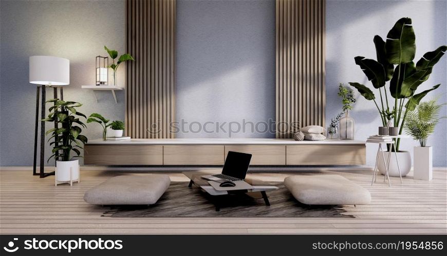 The Cabinet Mock up on modern room blue design interior and yellow armchair.3D rendering