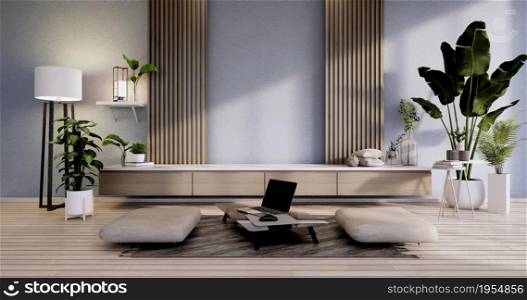 The Cabinet Mock up on modern room blue design interior and yellow armchair.3D rendering