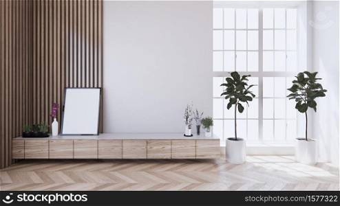 the cabinet, modern living room with wooden wall design and wooden white floor. 3d rendering