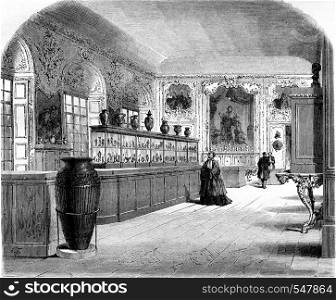 The Cabinet of medals at the Imperial Library, vintage engraved illustration. Magasin Pittoresque 1861.