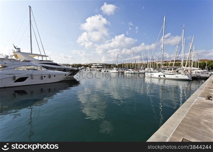 The calm marina at the old harbour of Saint-Raphael is the safe mooring for many wealthy people yachts
