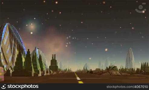 The camera takes off over the high-speed highway of the Alien City. Around strange buildings. In the dark starry sky, the nebula and rapidly flying luminous objects (UFO flotilla).