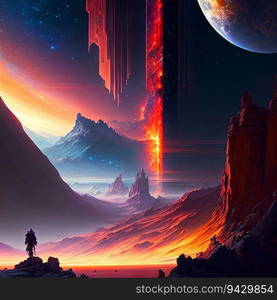 The captivating scene showcases the ethereal glow of a luminous light casting its radiance upon a majestic mountain. The mountain, adorned with a crown of snow, stands tall at the backdrop of a serene landscape. Set against a canvas of a stunning sunset, the charming interplay of moonlight and the fading sun paints a breathtaking picture. AI generated.