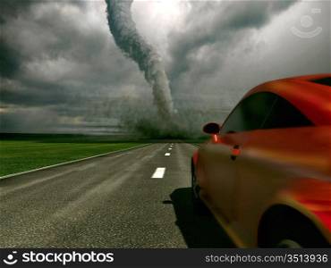 The car rushes on road towards to a tornado (3D)