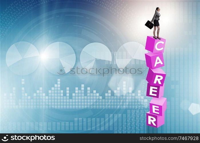 The career concept with businesswoman on top of blocks. Career concept with businesswoman on top of blocks