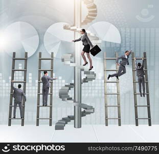 The career progression concept with ladders and staircase. Career progression concept with ladders and staircase