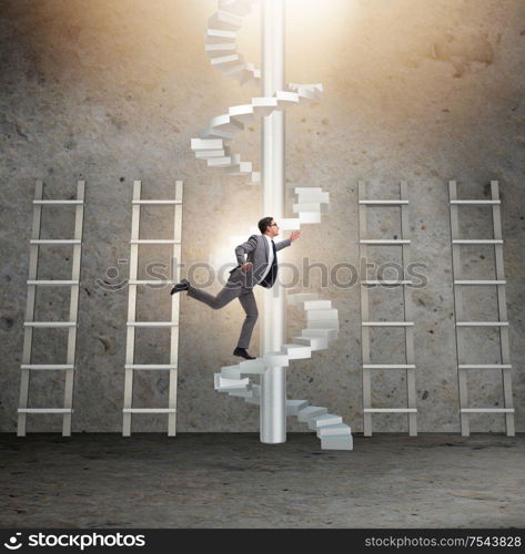 The career progression concept with ladders and staircase. Career progression concept with ladders and staircase