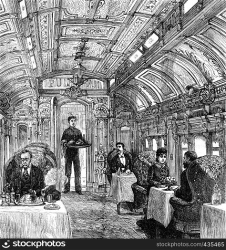 The cars of the Pacific Railroad. The dining car, vintage engraved illustration. Journal des Voyages, Travel Journal, (1879-80).