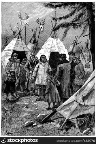 The Cascabel family wanted to get in with the natives, vintage engraved illustration. Jules Verne Cesar Cascabel, 1890.