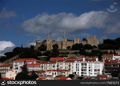 the castelo sao Gorge in the city centre of Baixa in the city centre of Lisbon in Portugal in Europe.. EUROPE PORTUGAL LISBON BAIXA CASTELO