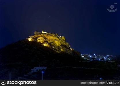 The castle of Kythira island at Greece at night as seen from Kapsali village. The castle Fortezza was built in the 13th century when Kythira was dominated by the Venetians. The castle of Kythira island at Greece at night as seen from Kapsali village.