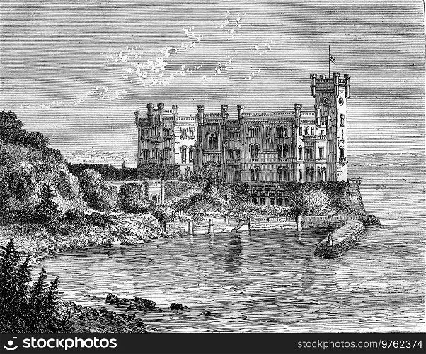 The Castle of Miramar, in the Gulf of Trieste, vintage engraved illustration. Magasin Pittoresque 1877. 