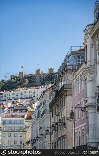 the castle of Sao Jorge with a city view of Baixa in the City of Lisbon in Portugal. Portugal, Lisbon, October, 2021