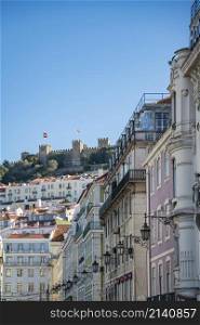 the castle of Sao Jorge with a city view of Baixa in the City of Lisbon in Portugal. Portugal, Lisbon, October, 2021