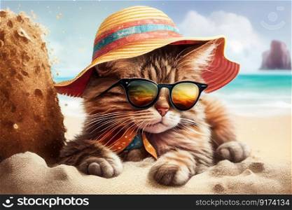 the cat is resting at the resort on the beach in sunglasses
 illustration Generative AI.