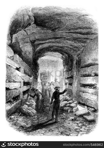 The Catacombs of Rome, vintage engraved illustration. Magasin Pittoresque 1861.