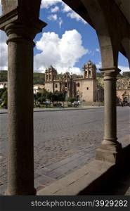The Cathedral and Plaza del Armas in the city of Cuzco in Peru, South America.