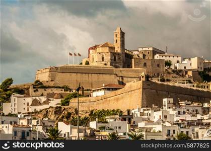 The cathedral Santa Maria is viewed from the Mediteranean sea in the early morning as it sits above the old town of Ibiza