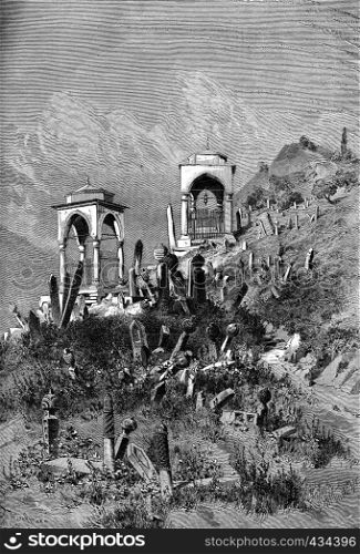 The cemetery in Sarajevo. Ca and the amount of mausoleums, vintage engraved illustration. Journal des Voyages, Travel Journal, (1879-80).