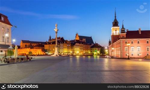 The central city Castle Square in night illumination. Warsaw. Poland.. Warsaw. Castle Square with old colorful houses in the early morning.