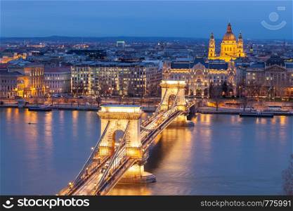 The Chain Bridge in Budapest in the evening. Night city skyline. Sightseeing in Hungary.