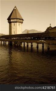 The Chapel Bridge and Lake Lucerne, in the city of Lucerne, Switzerland.
