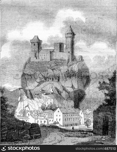 The Chateau de Foix, the department of Ariege, vintage engraved illustration. Magasin Pittoresque 1836.