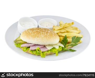 The cheeseburger with potato and sauce on an isolated background. The cheeseburger with potato and sauce