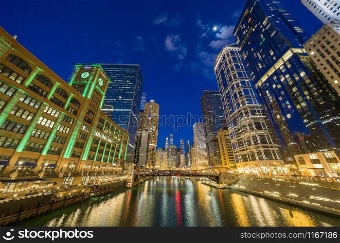 The Chicago riverwalk cityscape river side, USA downtown skyline, Architecture and building with tourist concept